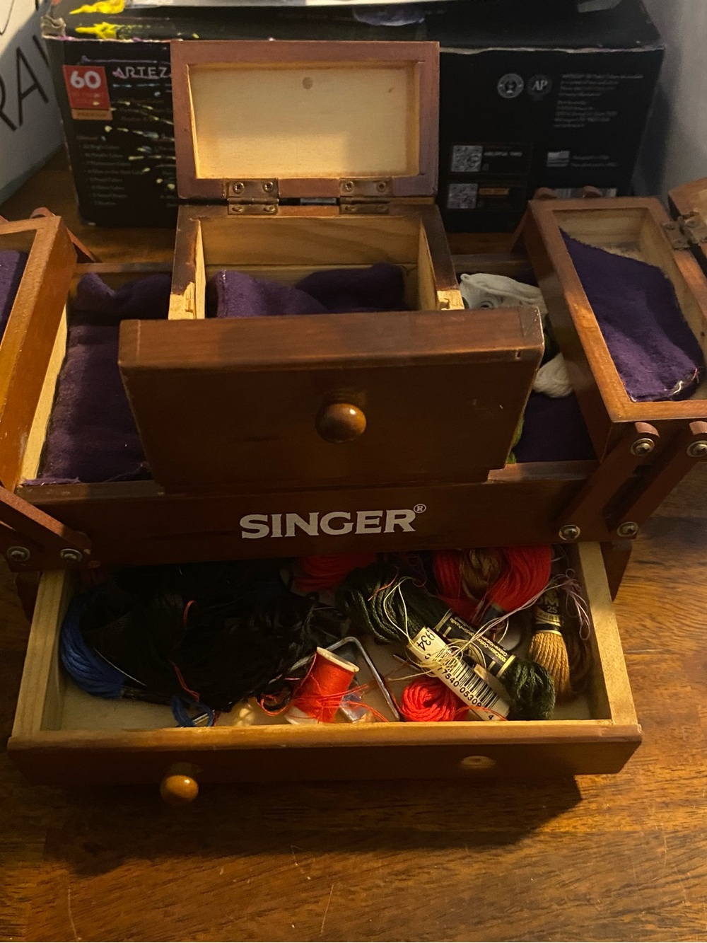 Vintage Singer Wooden Jewelry & Sewing Organizer Box in Brown